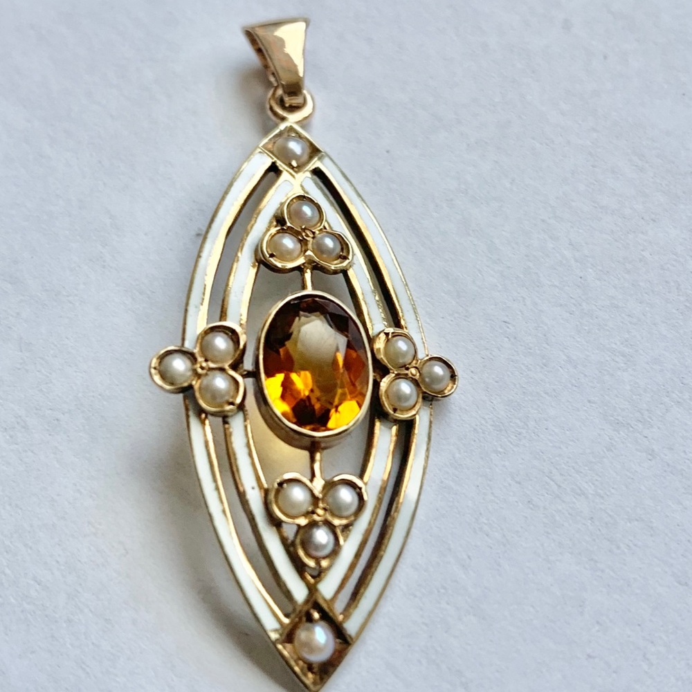SOLD 😁😁Art Deco Natural Citrine & Seed Pearls & enamel c1900 Pendant 14K. 🤩